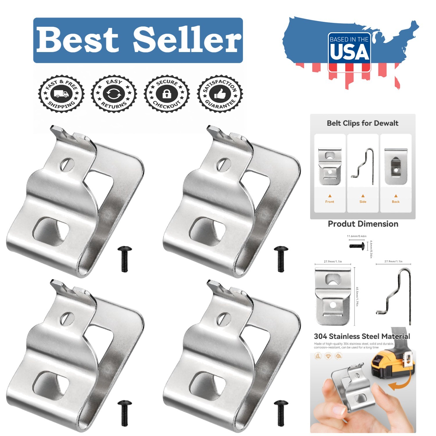 4PCS Heavy-Duty Stainless Steel Clips for Dewalt Tools – Easy Tool Organization