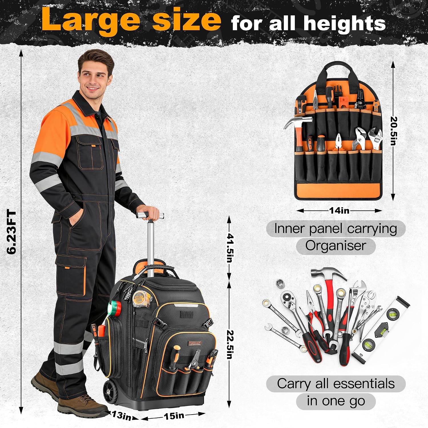 Rolling Tool Backpack Bag with Wheels Heavy Duty Molded Base Lock