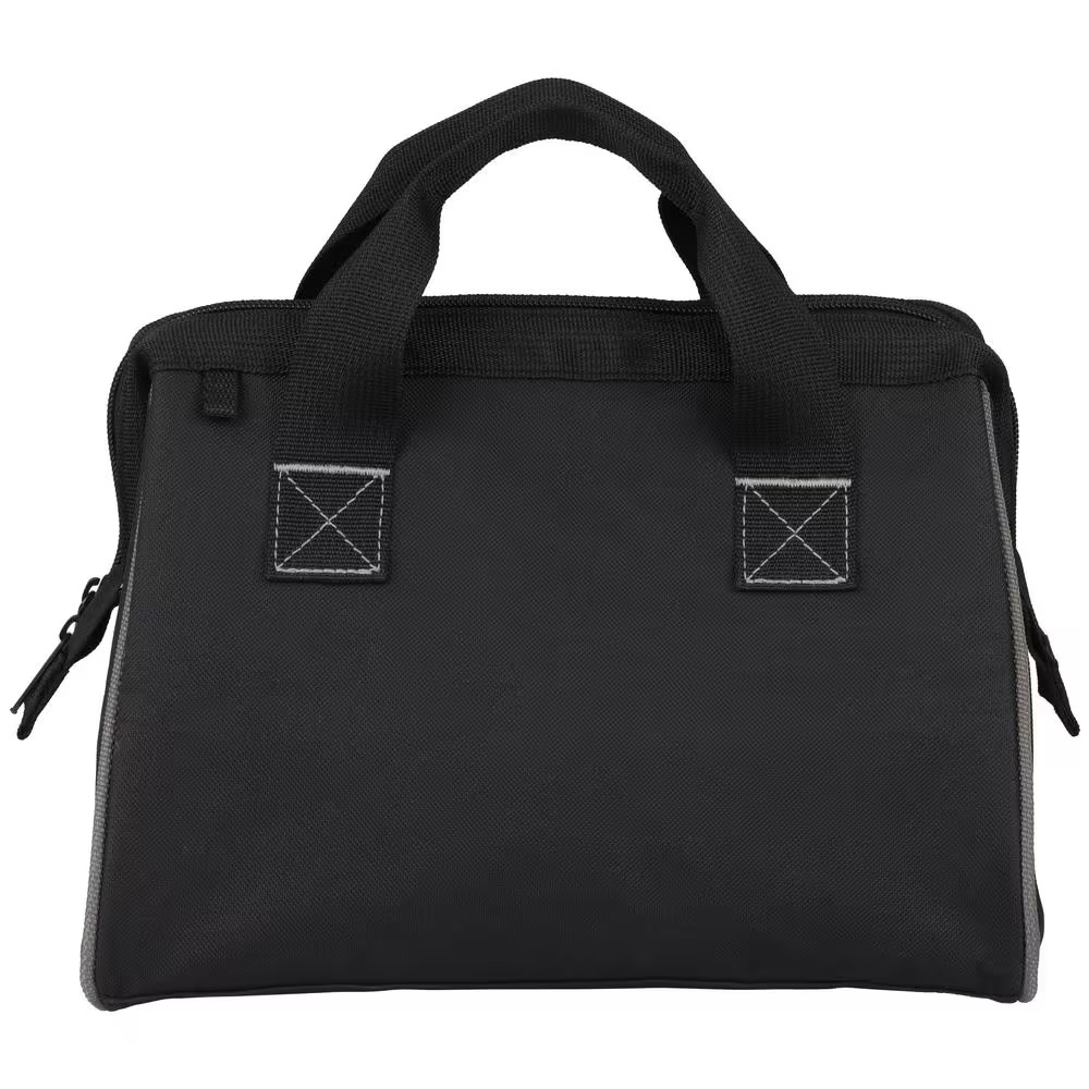 12 In. Black Weather-Resistant Wide Mouth Tool Bag, Adjustable Shoulder Strap