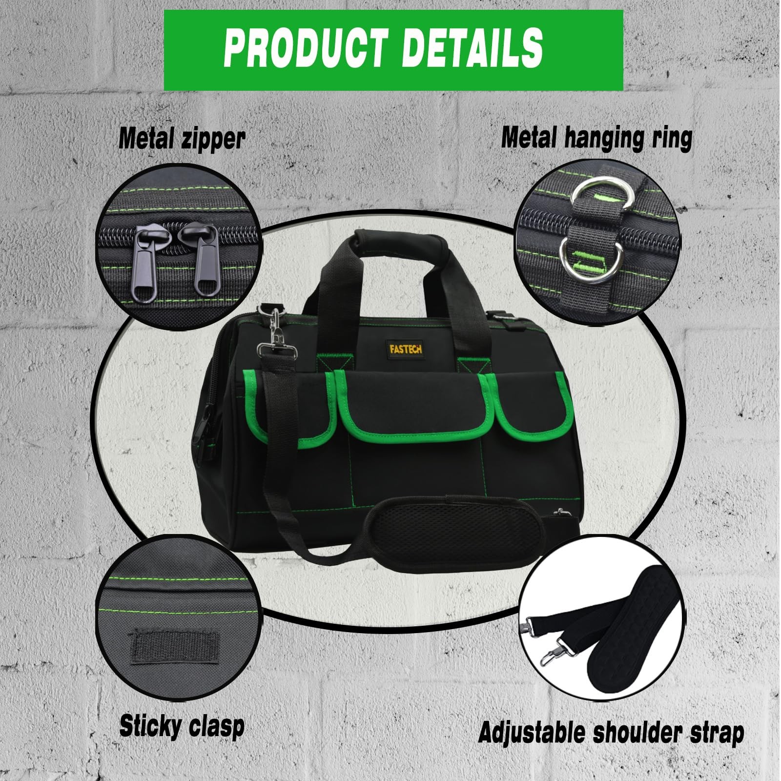 20 Inch Tool Bag Waterproof Wide Mouth Kit Large Storage Shoulder Strap Green