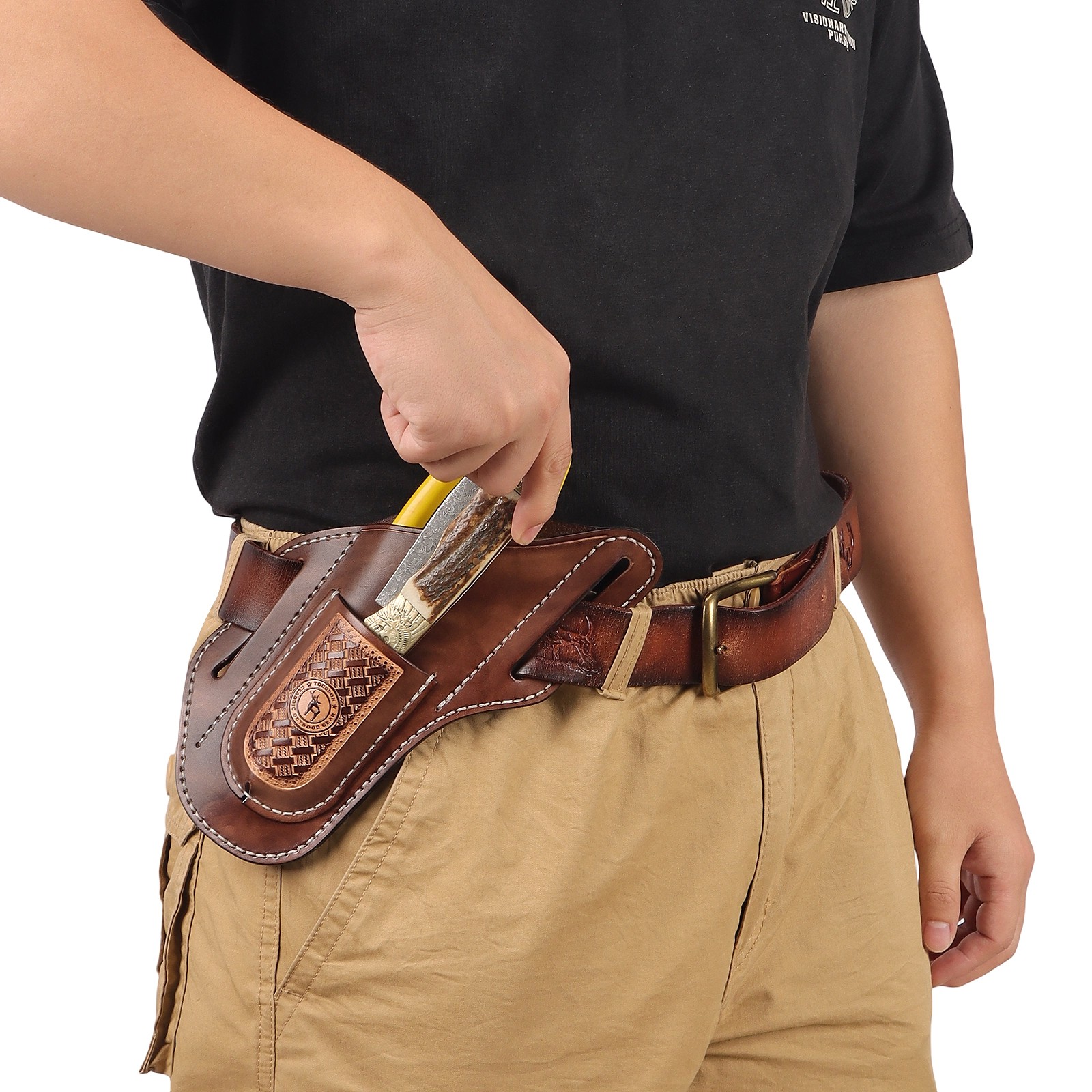 TOURBON 2-in-1 Leather Tool Pouch Angled Cross Draw Folding Knife Pliers Holster