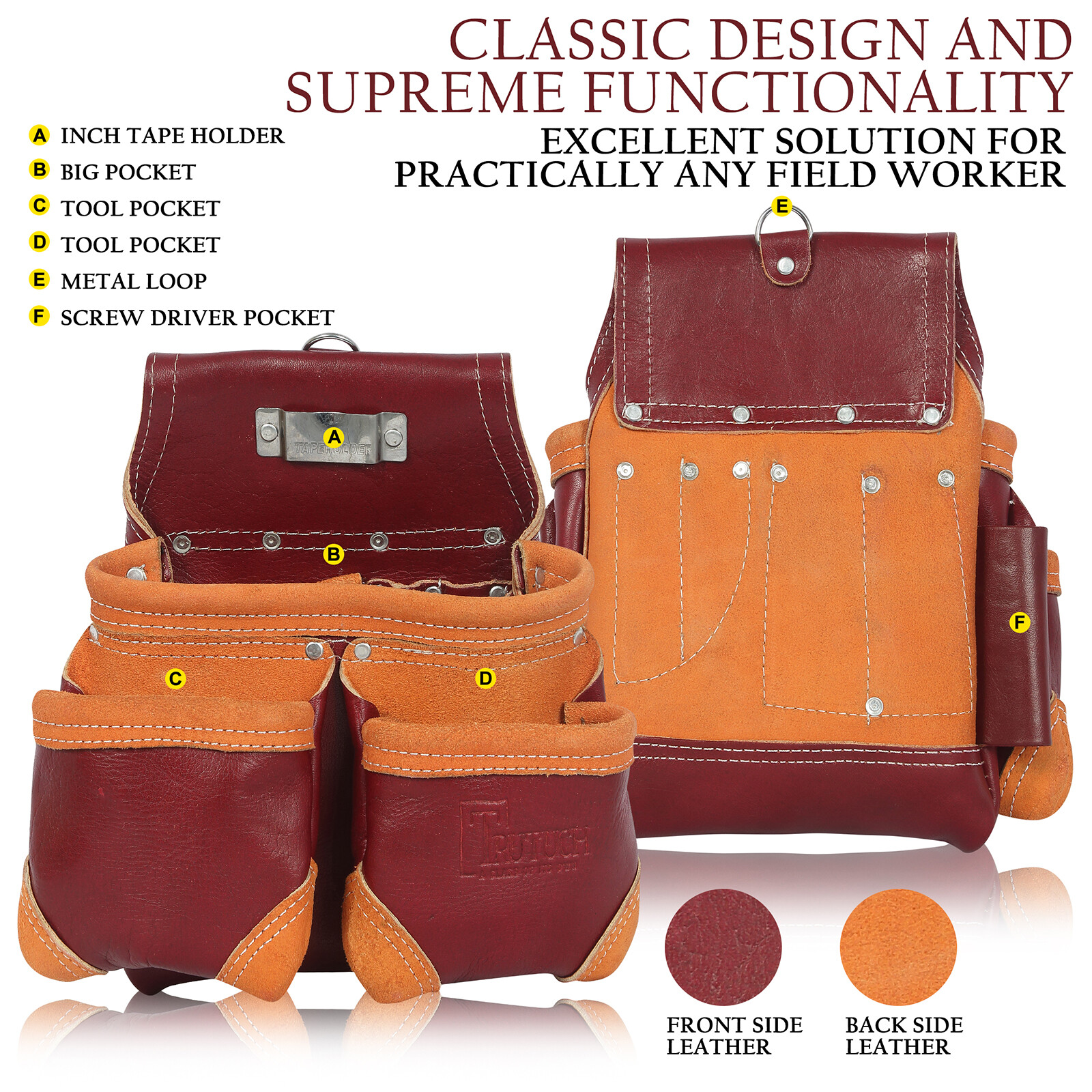 Trutuch Leather Carpenter Tool Belt | 18 Pockets | Framers Tool Belt | Handyman