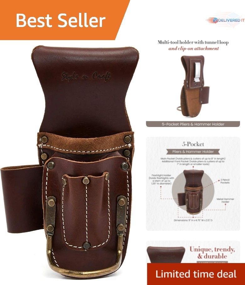 Carpenter’s Leather Tool Pouch 9×4.75in 6 Pockets Belt Clip Hammer Holder