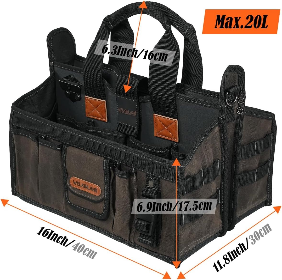 WELKINLAND, 16-In, 20-Pockets, Wide Opening, Waxed-Canvas Tool Bag (W00138)