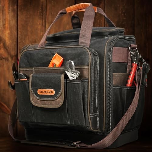 WELKINLAND 54-Pocket Electrician Tool Bag Waterproof Waxed Canvas Hard Bottom