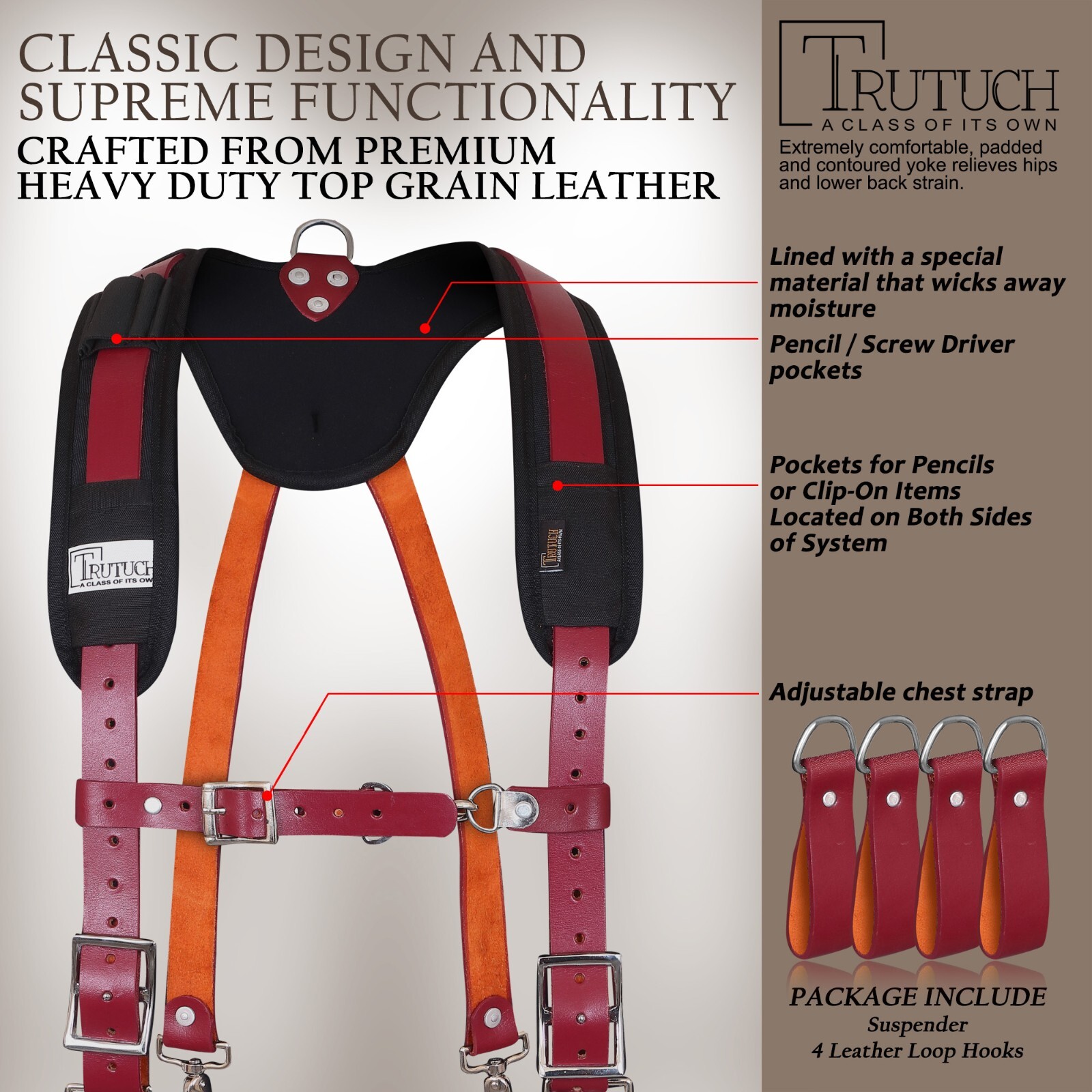 Trutuch Maroon Leather Tool Belt with Suspender | 18 Pockets | Framers Tool Belt