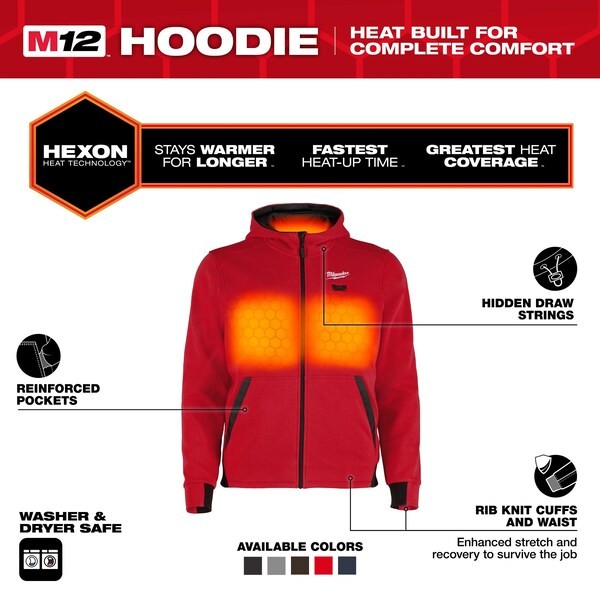 Milwaukee Tool M200r-20S Men’s Heated Hoodie, Up To 8 Hours Time, Zipper