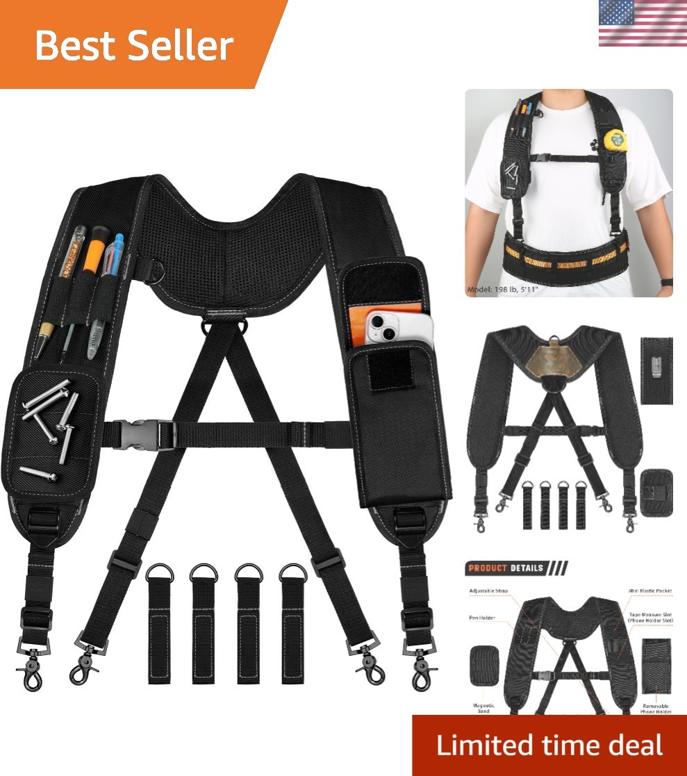Heavy-Duty Adjustable Tool Suspenders with 4-Point Support – Black Utility Gear