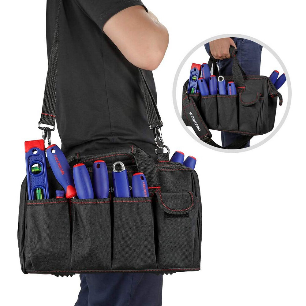 WORKPRO 16″/14″/12″ Wide Mouth Tool Bag Black Tool Storage Tote with Rubber Base