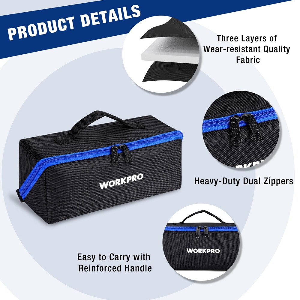 WORKPRO 10″ Wide Mouth Heavy Duty Tool Bag 3PCS Tool Storage Bag Zipper Tote Bag