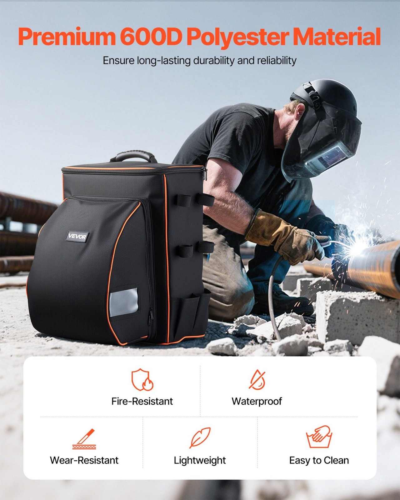 35.6L Spacious Welder Backpack 600D Polyester Helmet Catch & Side Pockets