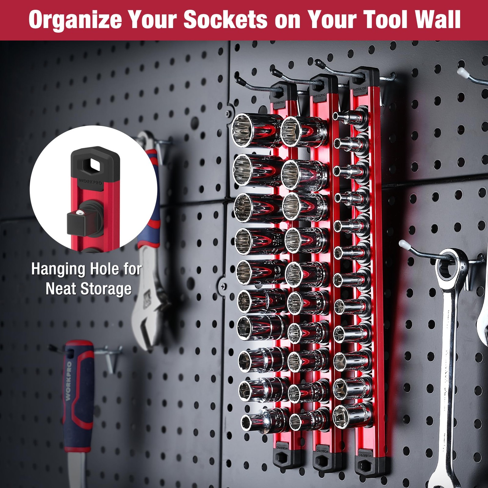 WORKPRO Magnetic Socket Organizer, 3/8-Inch Drive Aluminum Alloy 3/8″ DR, Red