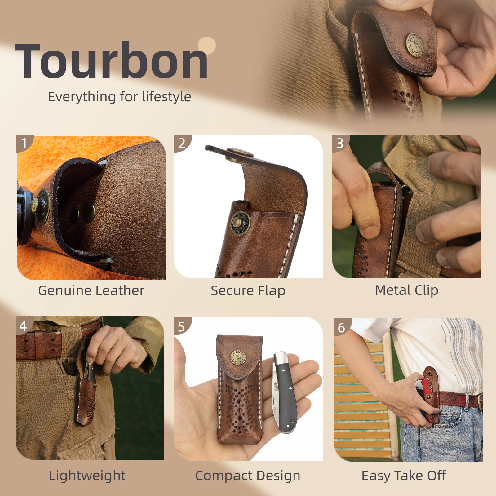 Tourbon Leather Knife Sheath Blade Cover Pocket Knives Case Belt Clip EDC Pouch