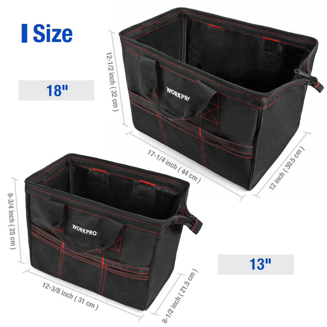 WORKPRO 2 Pieces 13″ 18″ TOOL BAG Wide Mouth Heavy Duty Tote Storage with Zipper