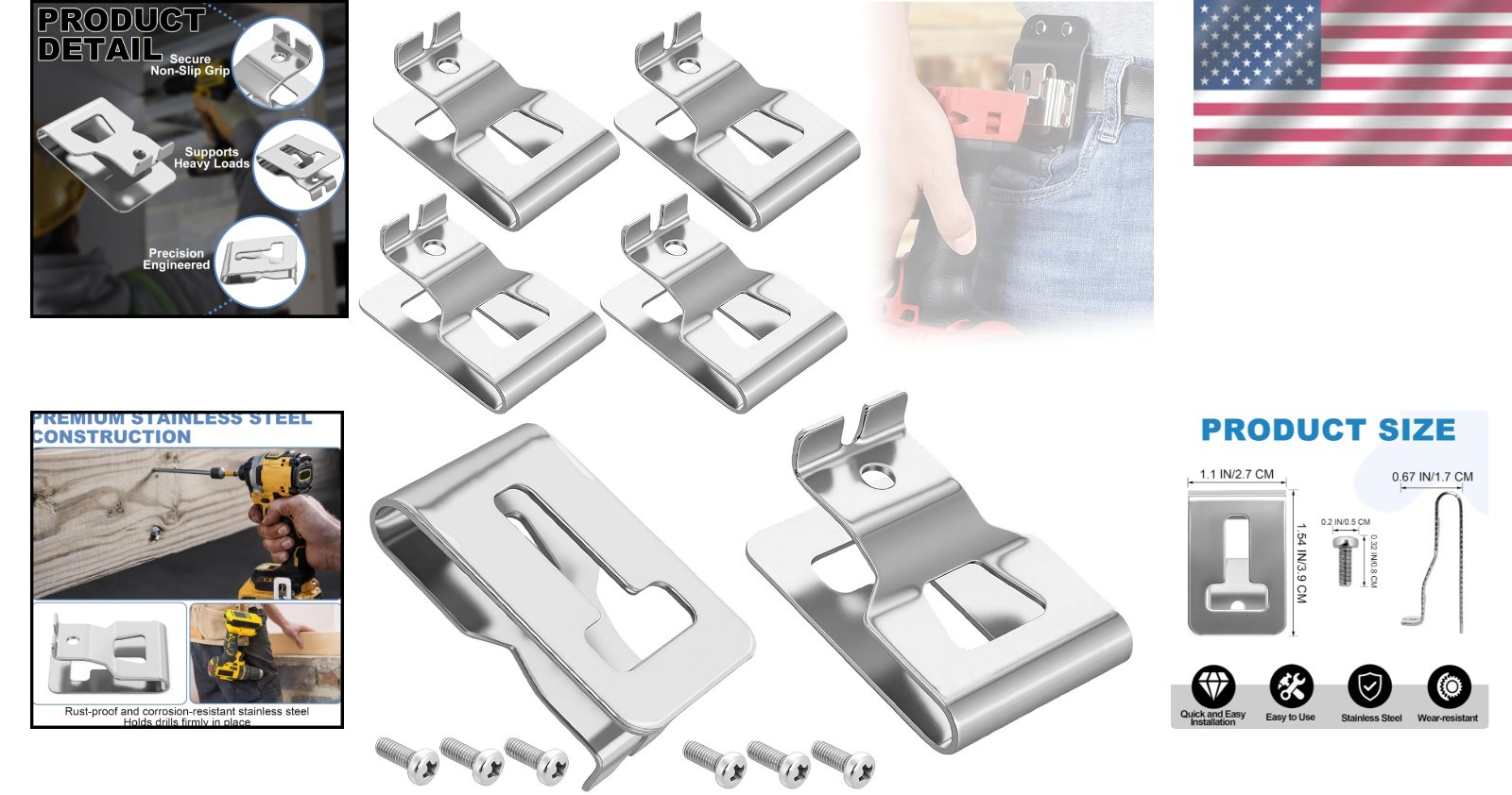 20V Drill Belt Clip Kit – 6 Stainless Steel Clips with Screws Included