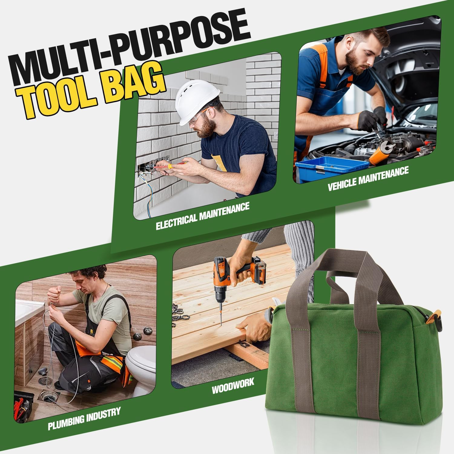 12″ Canvas Tool Bag Zipper Storage Tote Organizer Electrician Gardening Green