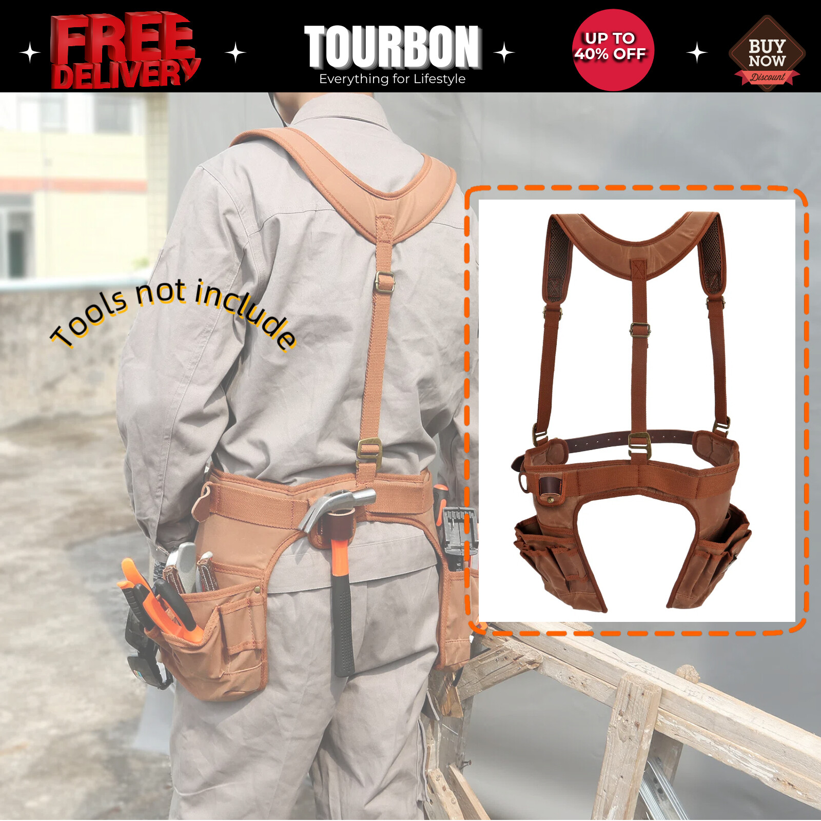 TOURBON Framer Workshop Tool Rig Belt Harness Pack Carpenter Drill Carry Case