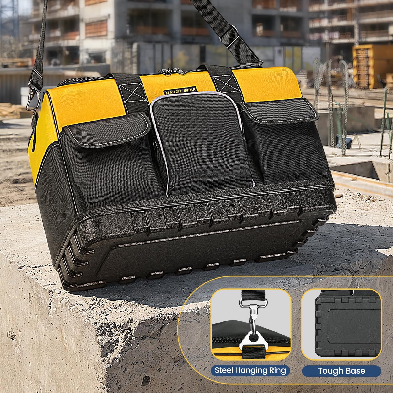 20 Inch Tool Bag Yellow Black Organizer 17 Pockets Wide Mouth Reinforced Base