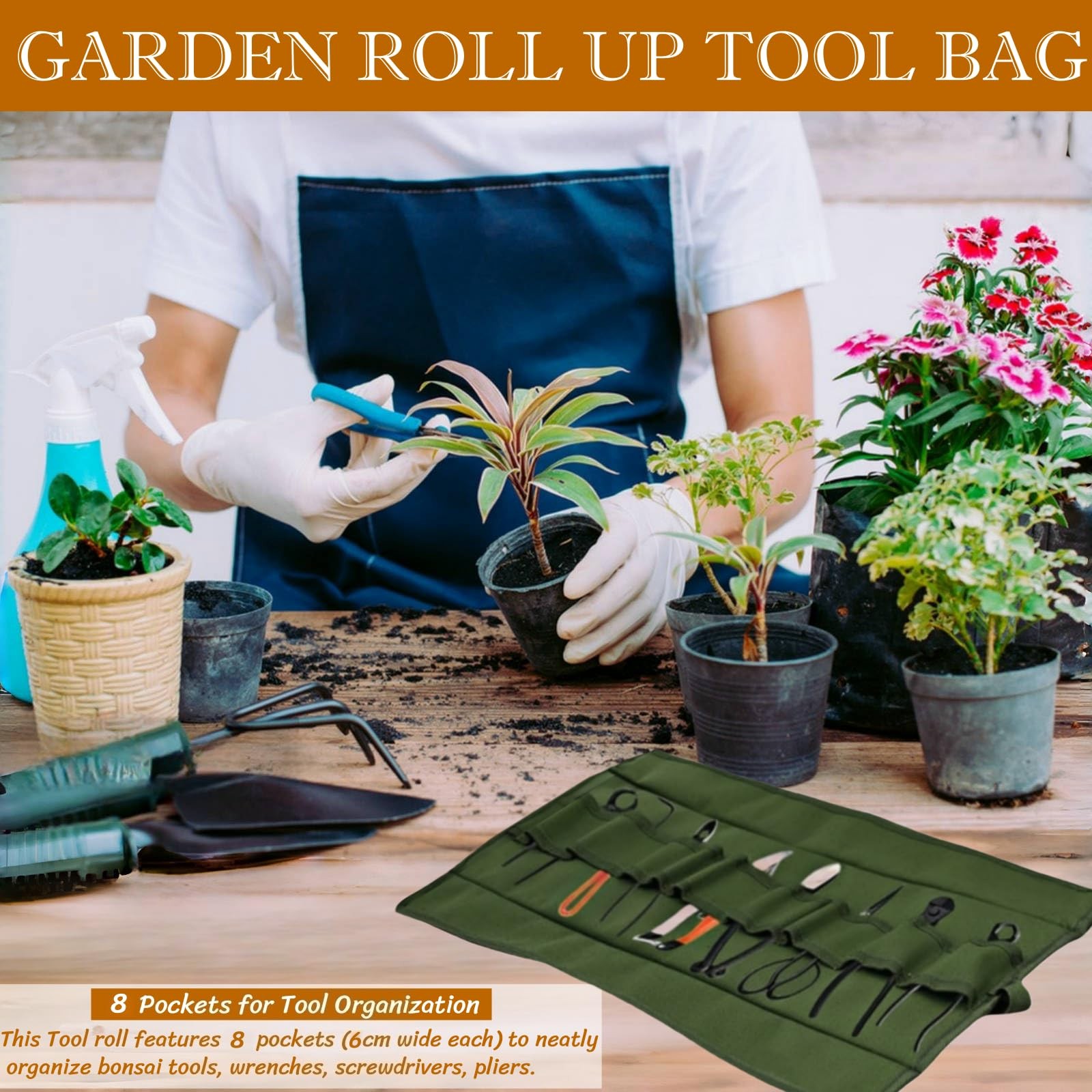 BLIRITEL Garden Roll Up Tool Bag, Canvas Bonsai Tools with 8 Green