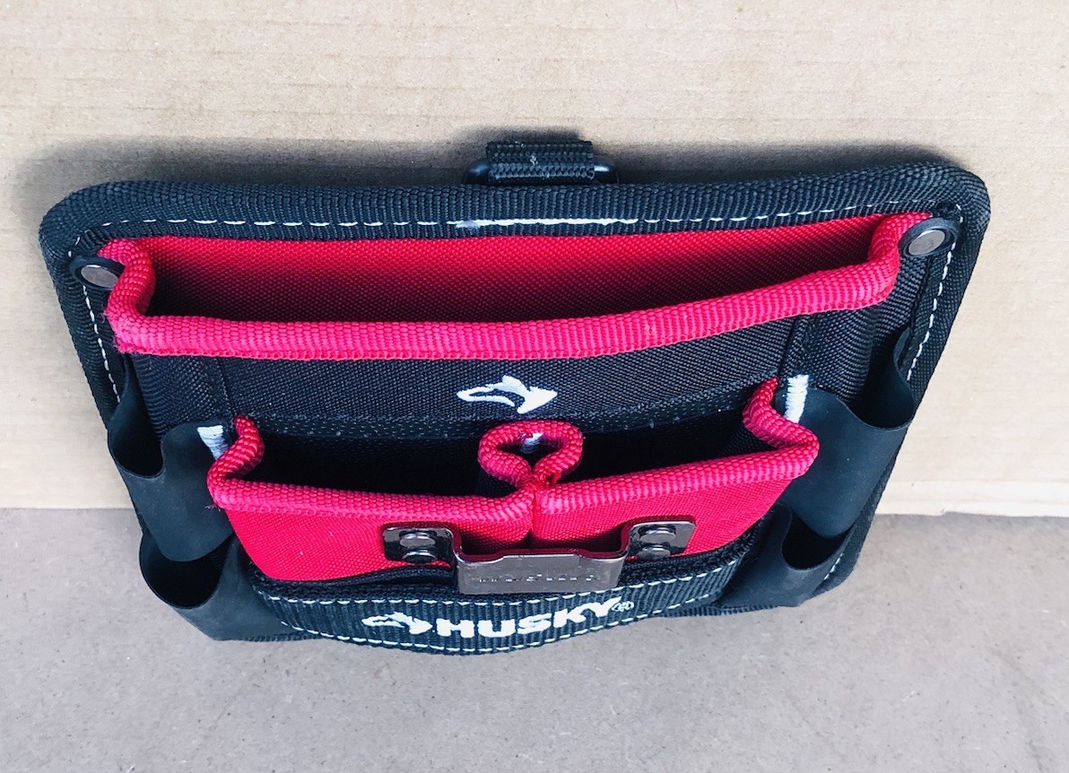 Husky 7 in. 3-Pocket Clip On Tool Belt Pouch Black/Red Fabric Multiple Pockets