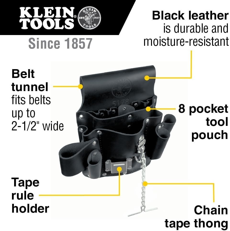 Klein Tools 5178 Leather Tool Pouch – 8 Pocket Black Organizer with Belt Loop