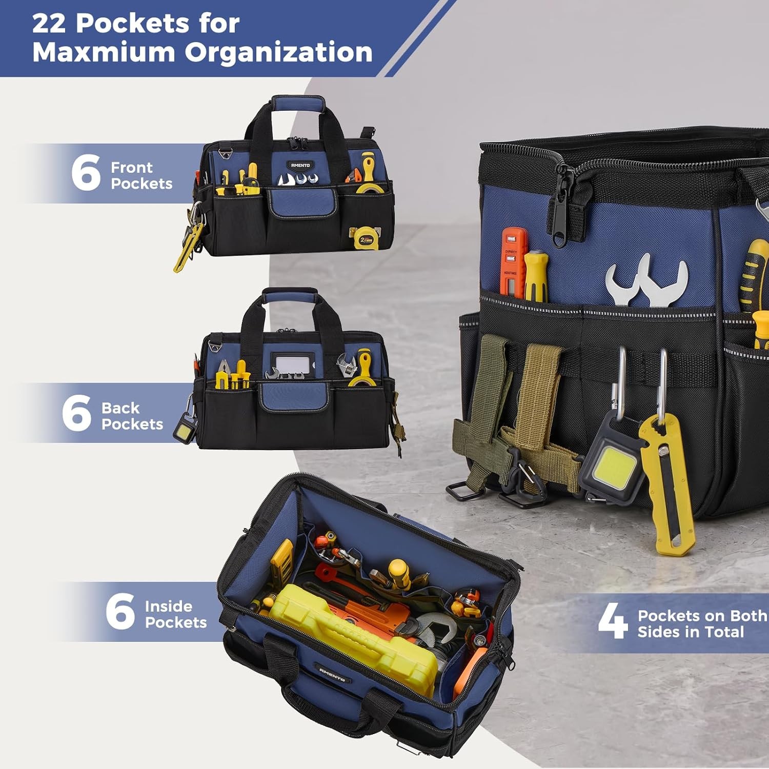 16″ Heavy Duty Tool Bag 22 Pocket Soft Tool Tote Organizer Electrician Blue