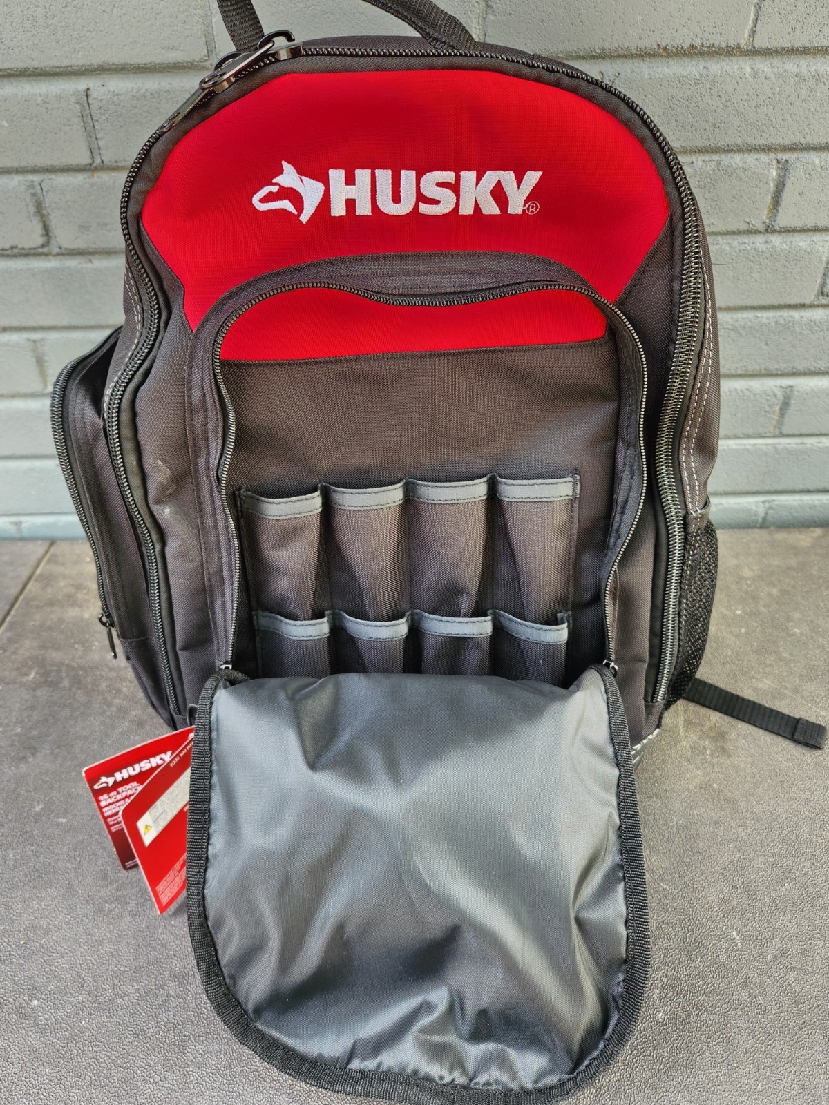 Never Used Husky Tool Backpack Black Red Multiple Compartments Padded Handle