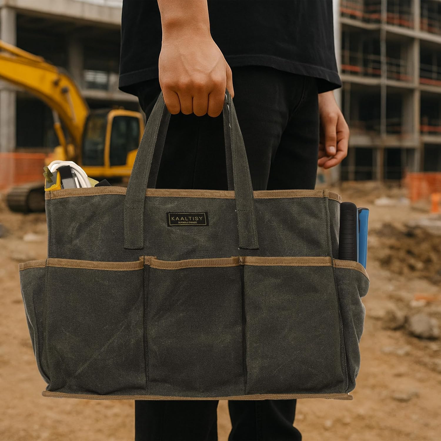 Tool Tote Bag, Heavy Duty 16Oz Waxed Canvas Garden Tool Bag | Portable 11-Pocket