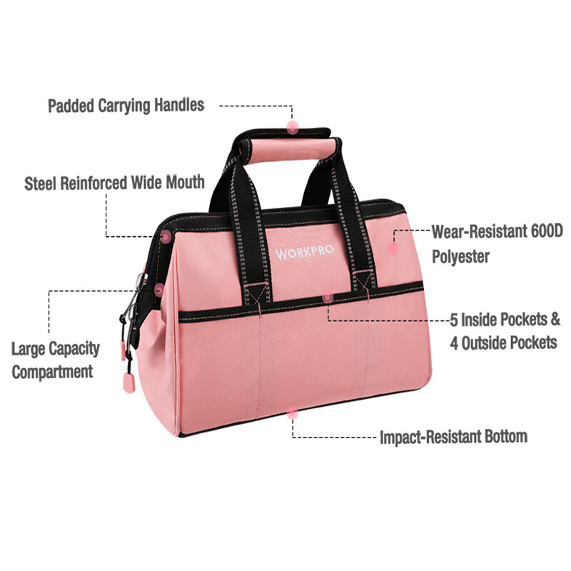 WORKPRO 13″ Tool Bag Pink Soft Cloth Tool Storage Bags Wide Mouth Tool Tote Bag