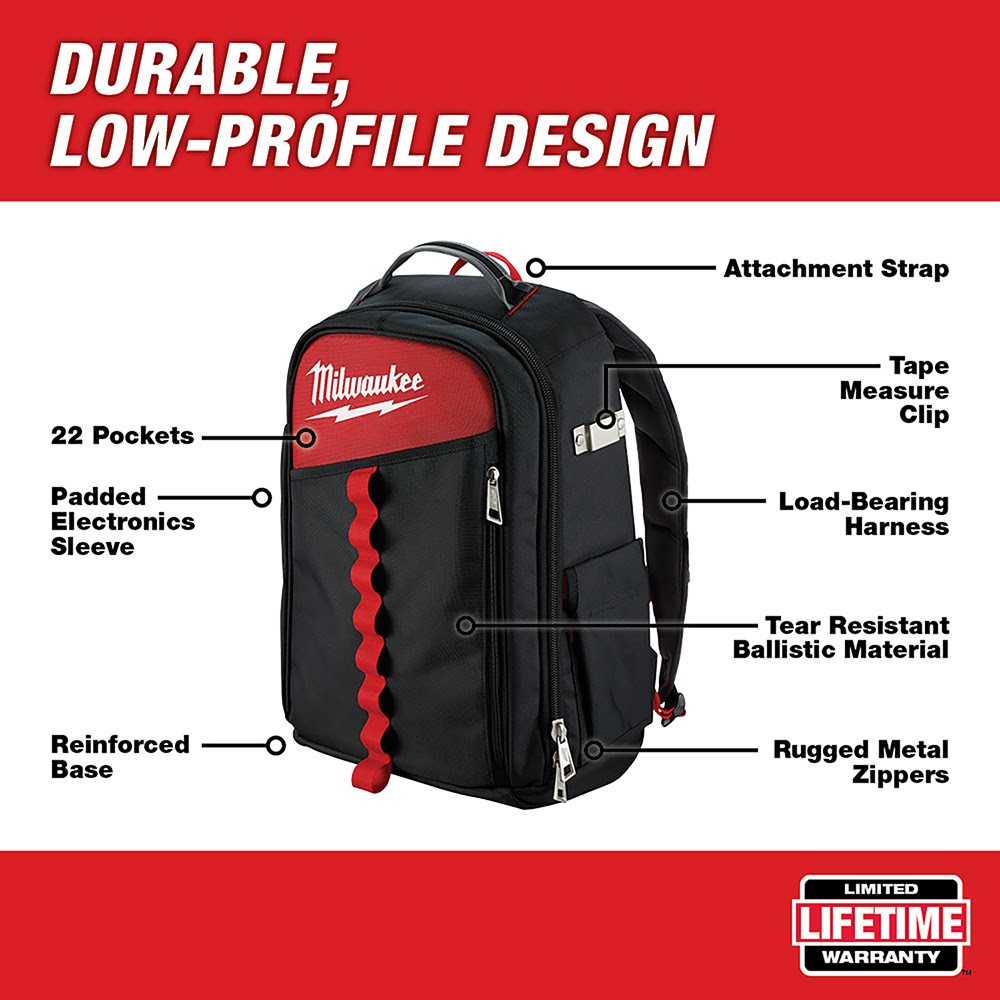 Milwaukee 48-22-8202 22-Pocket Low-Profile Backpack w/ Padded electronics sleeve