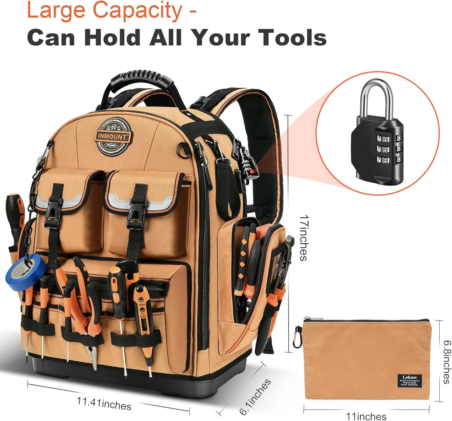 Heavy Duty Tool Backpack with 2 Bags, Laptop Compartment & Lock, Water-Resistant