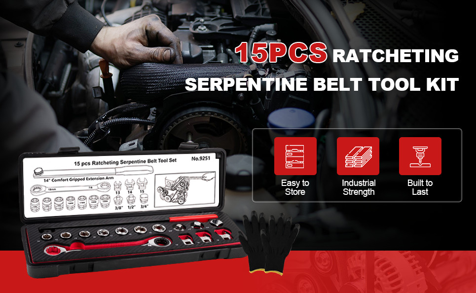Heavy Duty 15PCS Serpentine Belt Tool Kit–Heavy Duty Ratcheting Tensioner Wrench