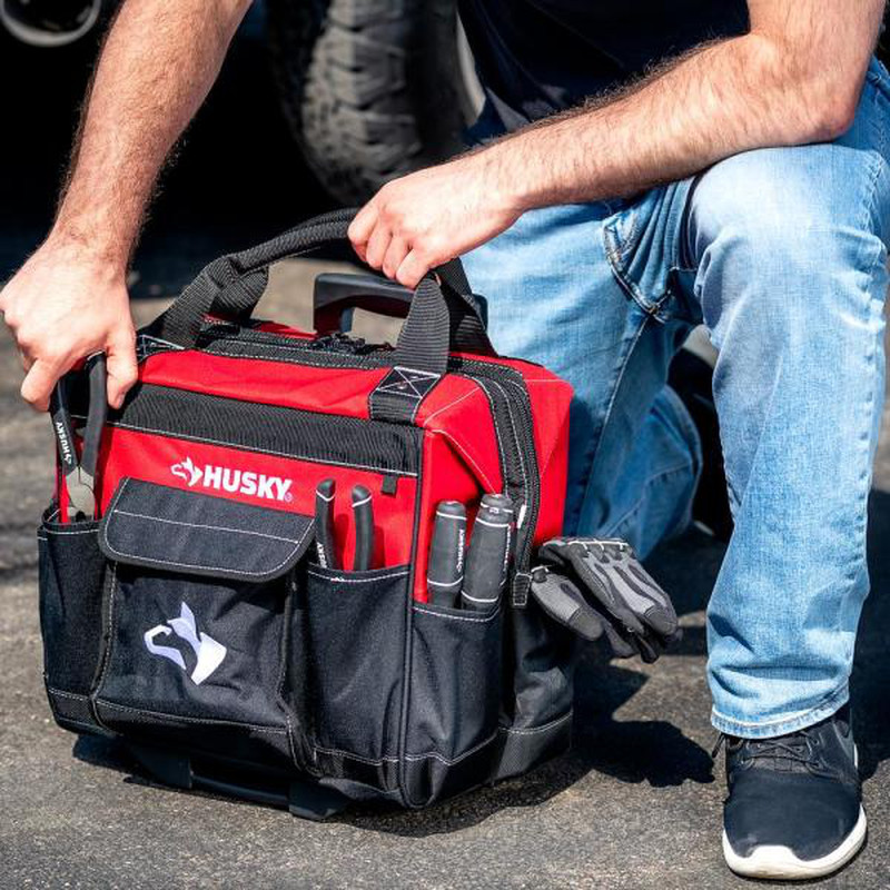 14 in. Zipper Top Rolling Water Resistant Tool Tote Bag, Telescoping Handle Red