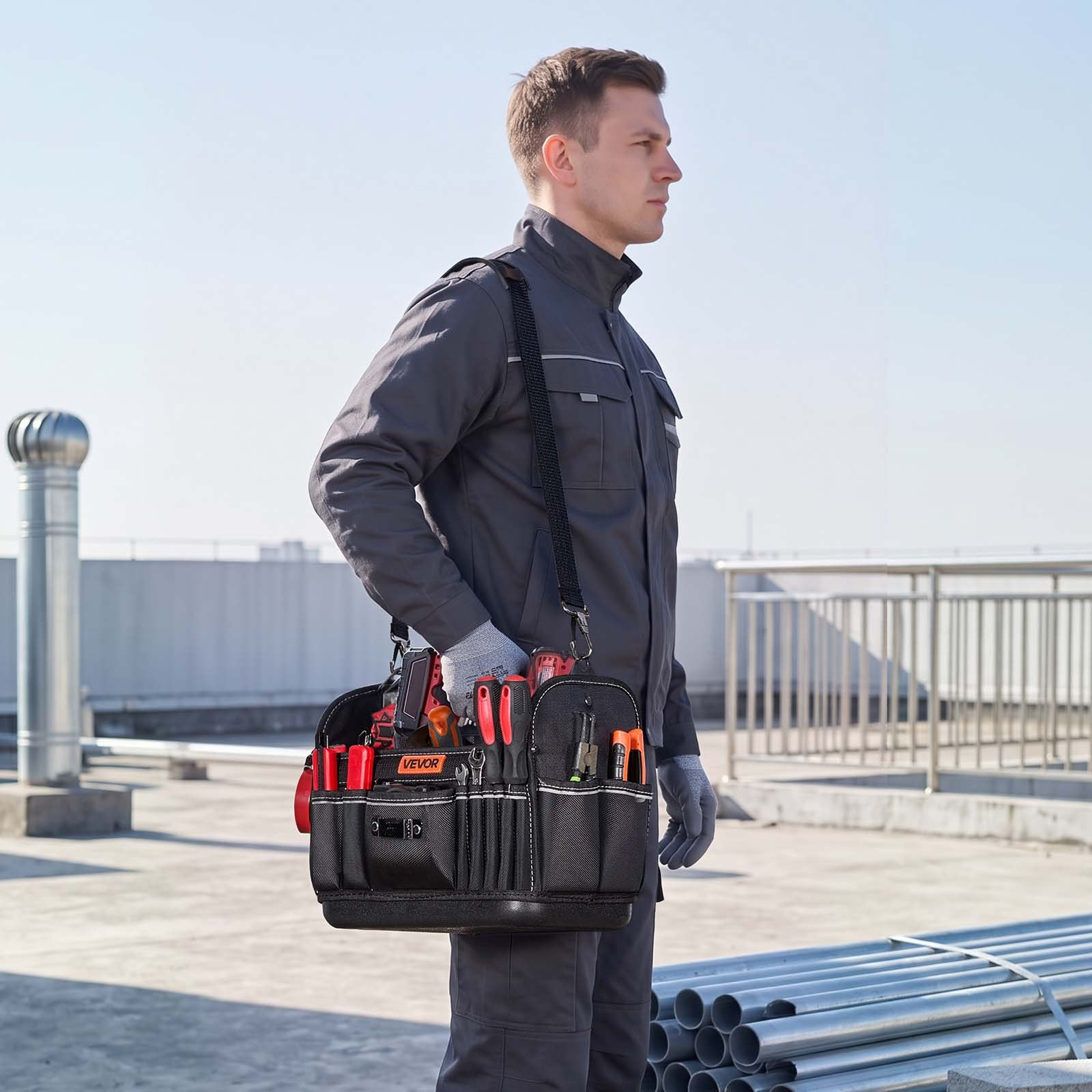 13″ Tool Bag 33-Pocket Open Top Tool Tote Organizer w/ Shoulder Strap
