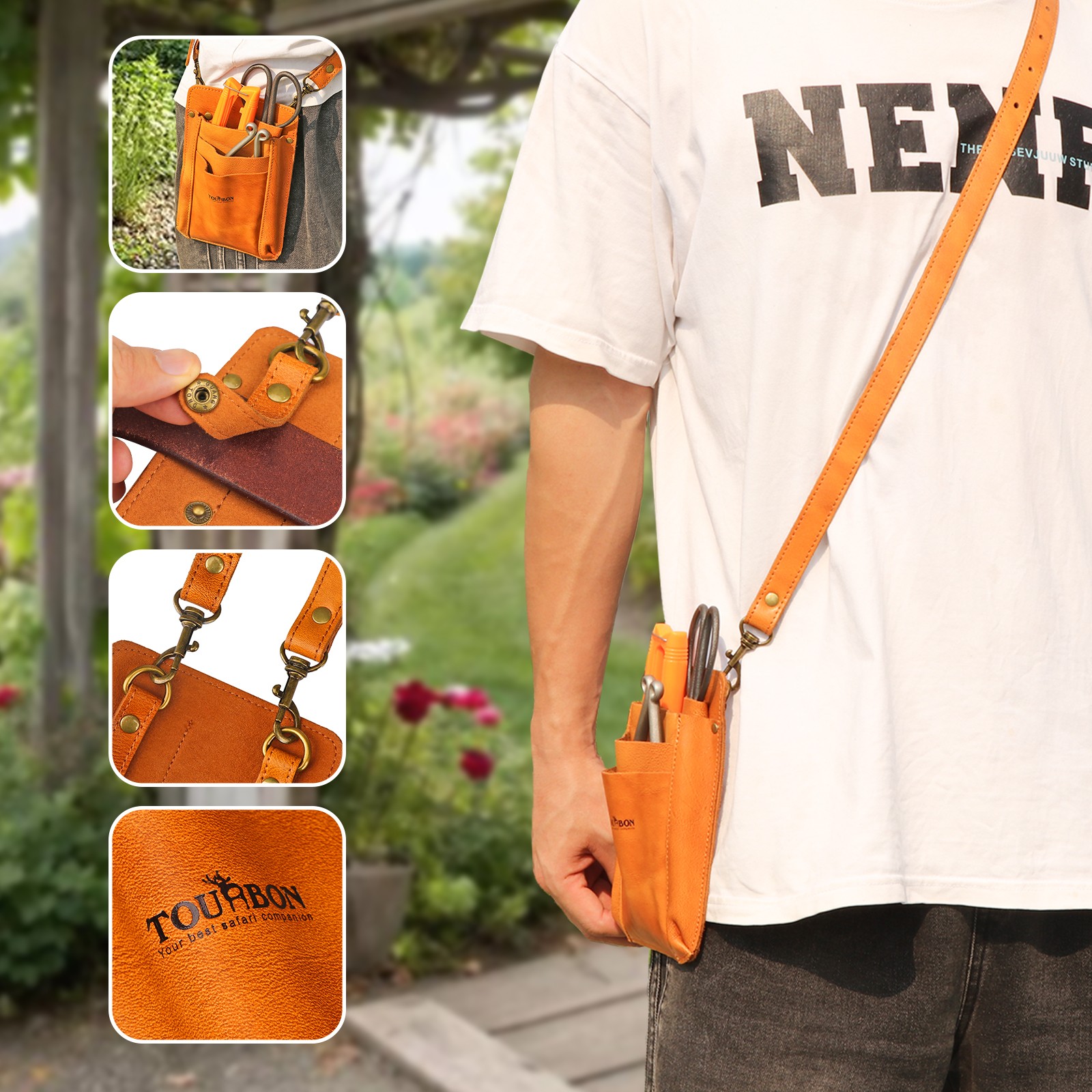 TOURBON Leather Garden Tools Organizer Belt Pouch Florists Crossbody Bag Women