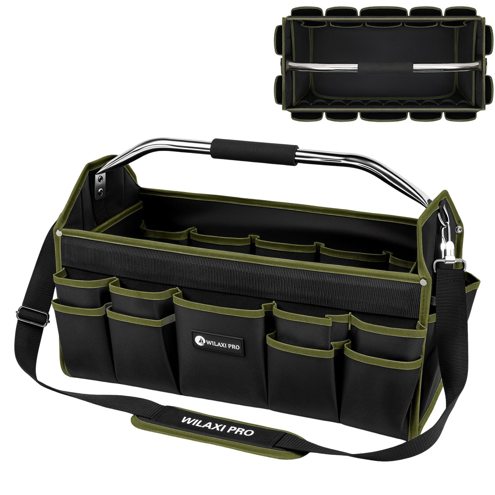 20 Inch Foldable Open Top Tool Bag Tote Heavy Duty Carrier Wide Mouth Green
