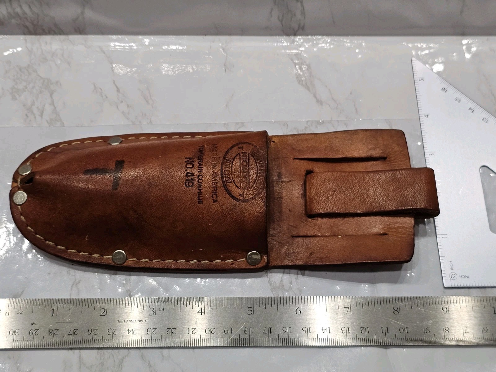 Vintage Tool Holster Cowhide Leather Nicholas No 419 Brown USA Button For Belt