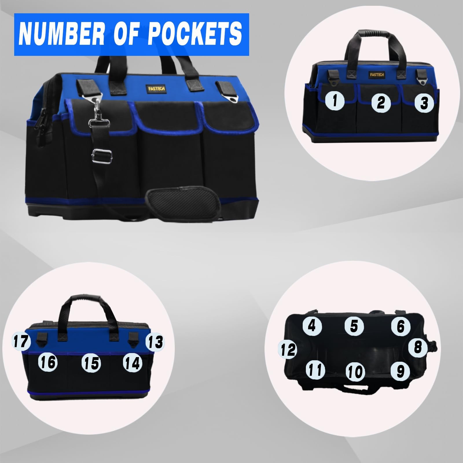 20 Inch Bottom Tool Bag Wide Mouth Storage Organizer Heavy Duty Tote Pockets