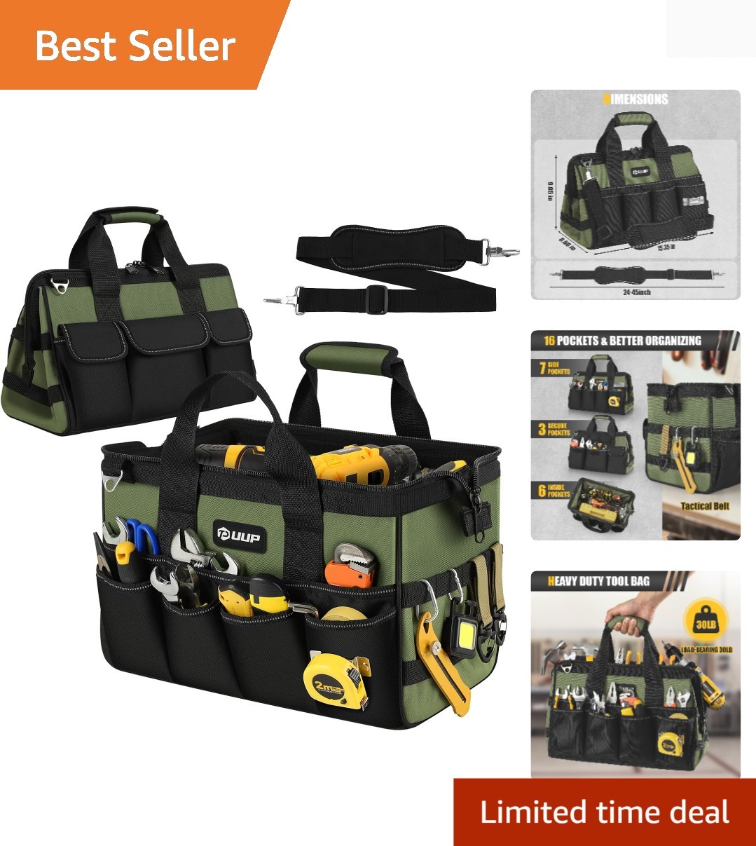 Versatile 15-Inch Tool Bag with 16 Compartments and Heavy-Duty Zipper – Green