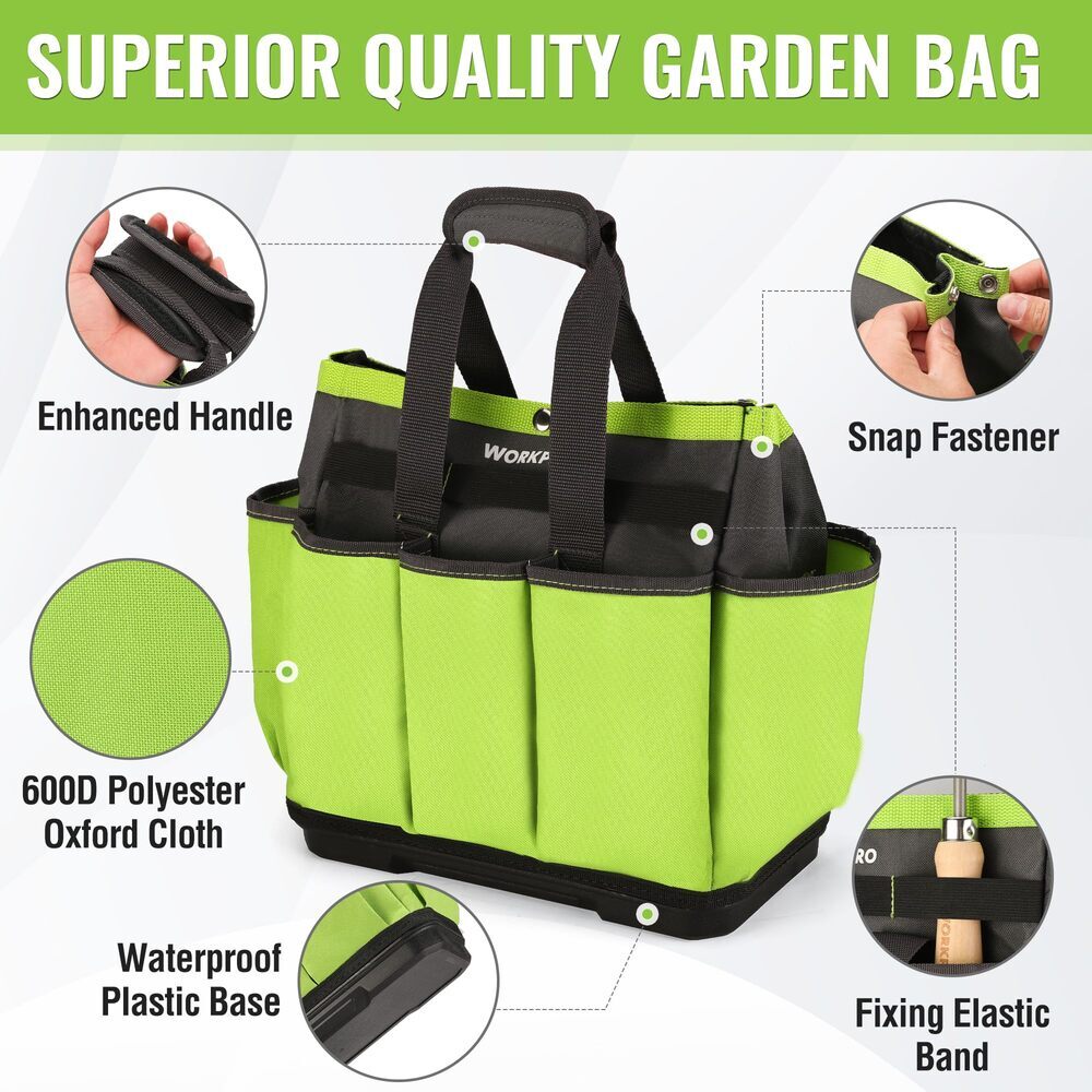 WORKPRO Garden Tool Bag Tote 8-Pocket Heavy Duty Caddy w/Waterproof Plastic Base