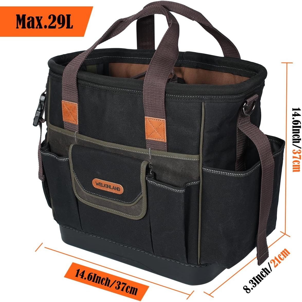 WELKINLAND 50-Pocket Tool Tote, 14″ Hard Bottom, Waxed-Canvas, All Trades