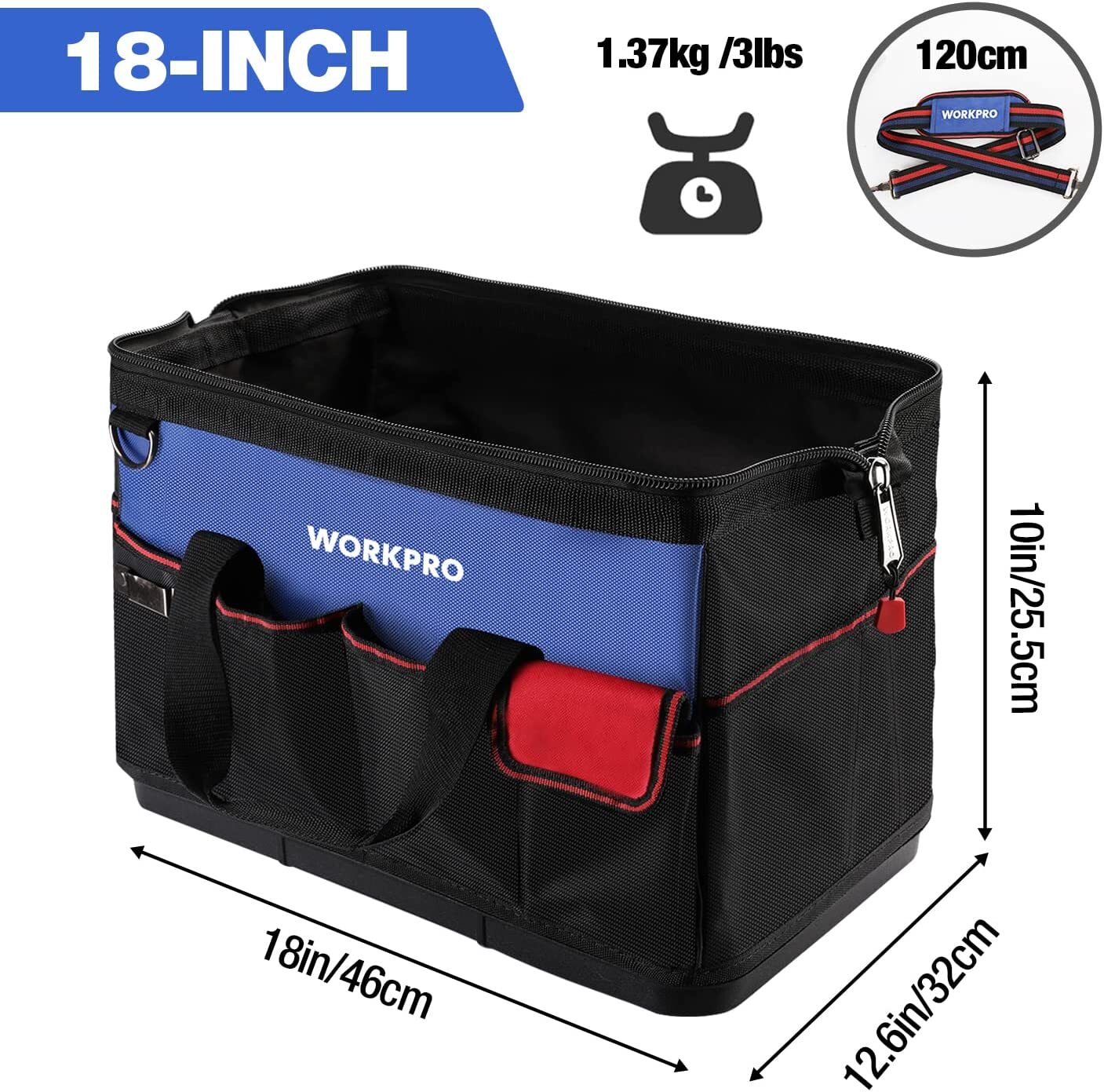 WORKPRO 18» Tool Bag Zipper Wide Mouth Open Top Tool Organizer Case Black/Blue