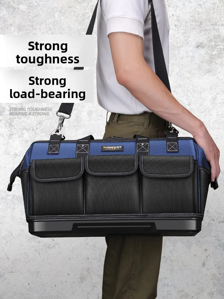 Heavy Duty Tool Bag Wide Mouth Electrician Storage Organizer w/ Hard Base