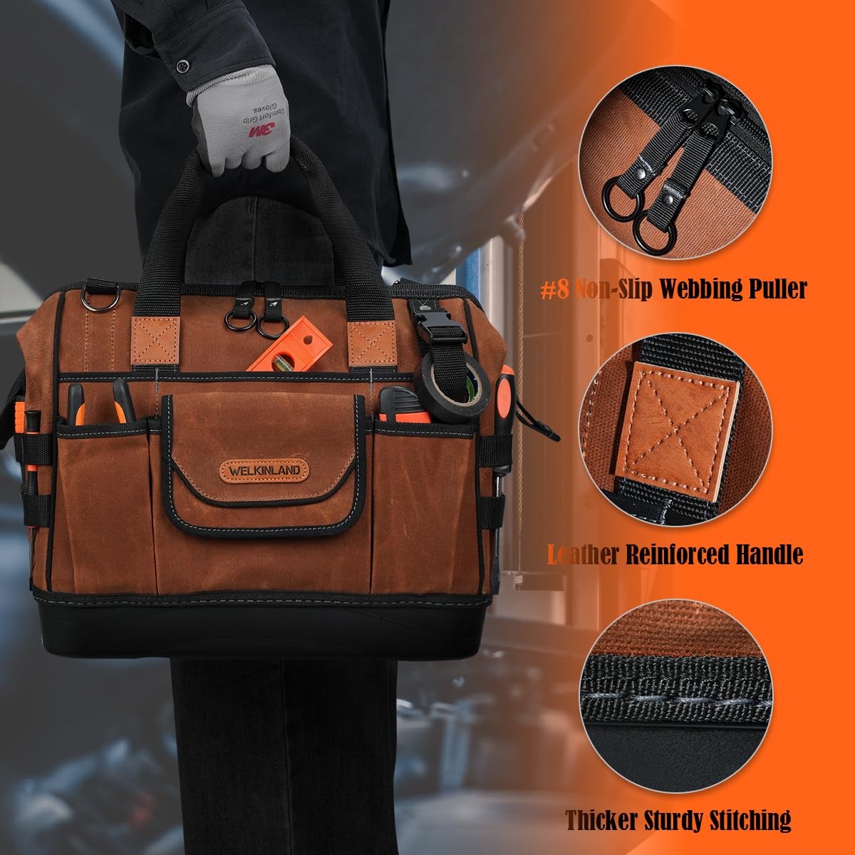 Welkinland 22-Pockets Hard Bottom Tool Bag 14-Inch Waxed Canvas Tools Bag 25L