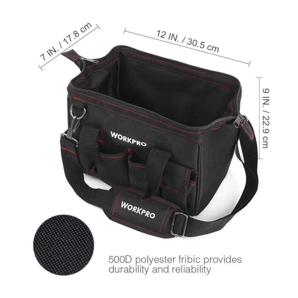 Workpro 12-inch Close Top Wide Mouth Storage Tool Bag 500D Polyester Fabric Bags