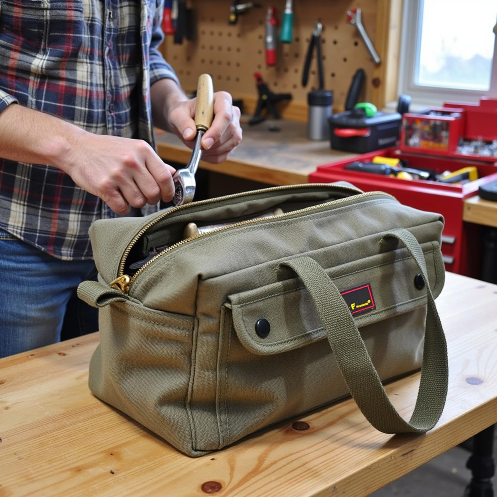 Waxed Canvas Military Duffle Bag, Water-Resistant, Adjustable Strap, Double Z…