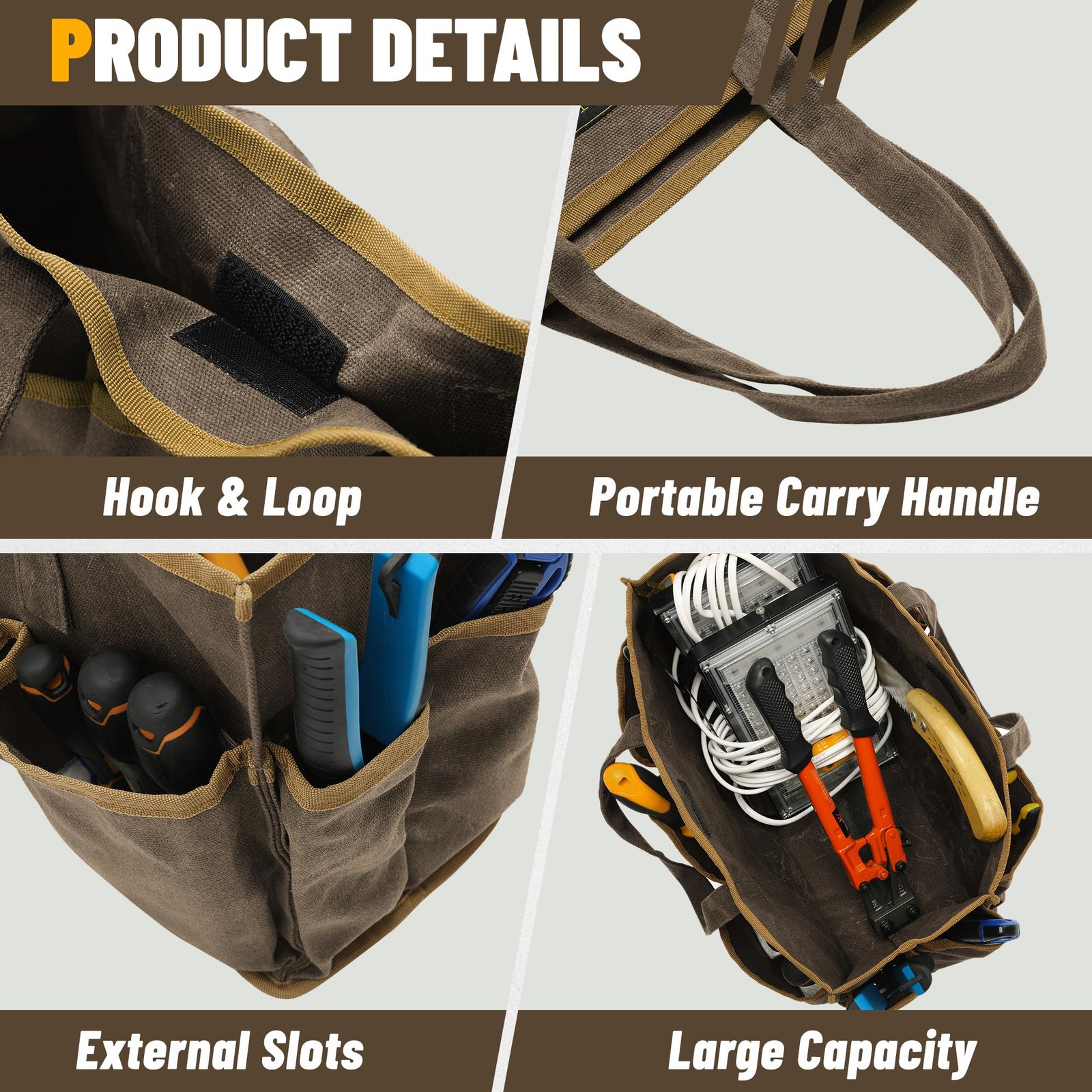 16OZ Waxed Canvas Tool Tote Bag for Garden Tools 14 x 5.5 x 10.5 inches, Grey