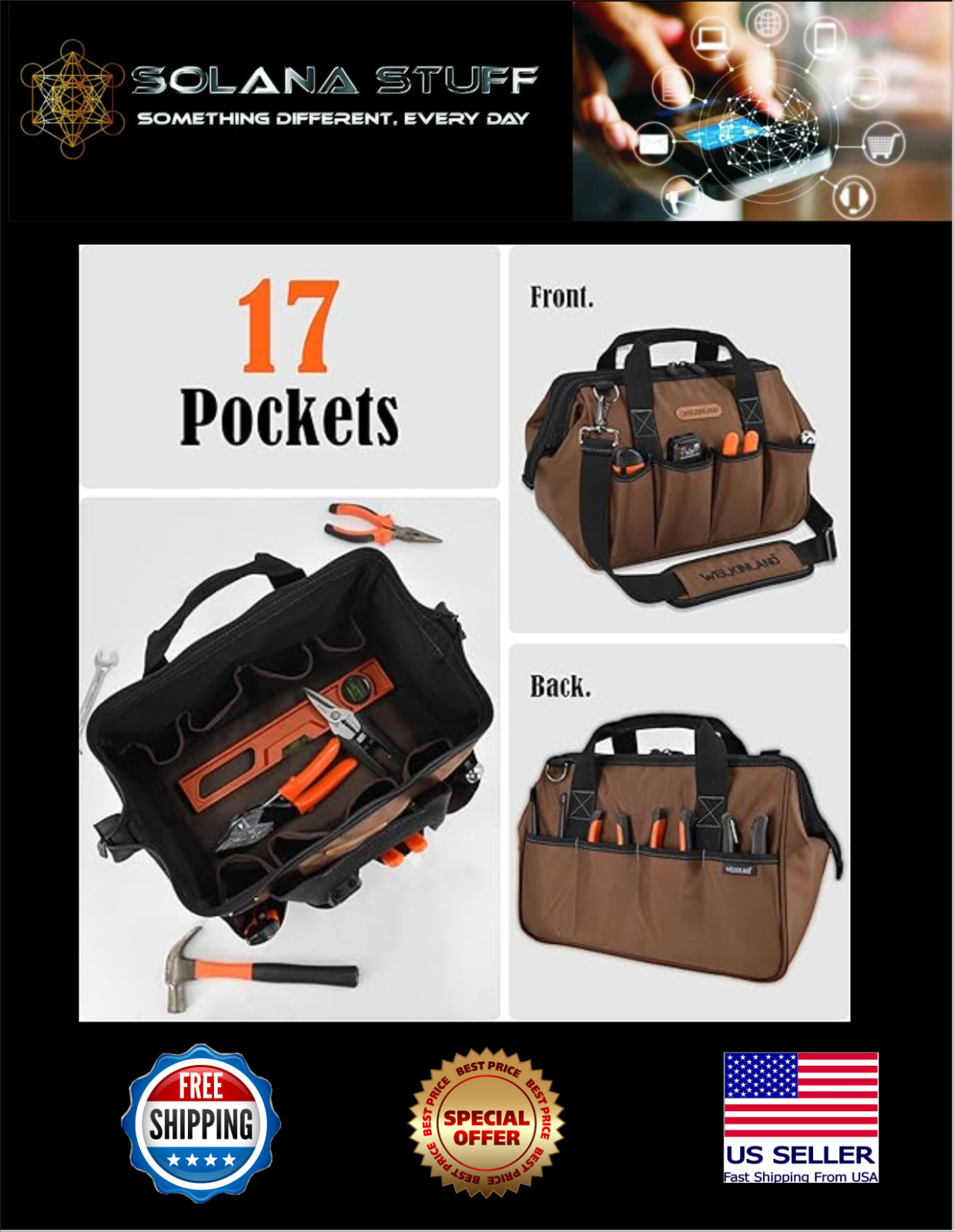 WELKINLAND 17-Pockets Tool Bag, 14″ Portable, Brown With Shoulder Straps, NEW