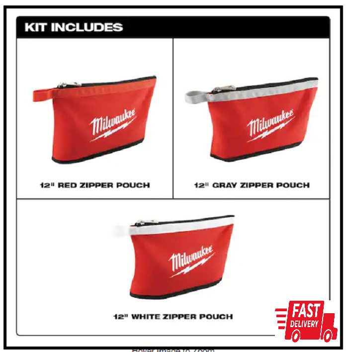 NEW Milwaukee Tool Zipper Bag 12 Inch Pouch Storage 3 Pack Red Tote Bag Durable