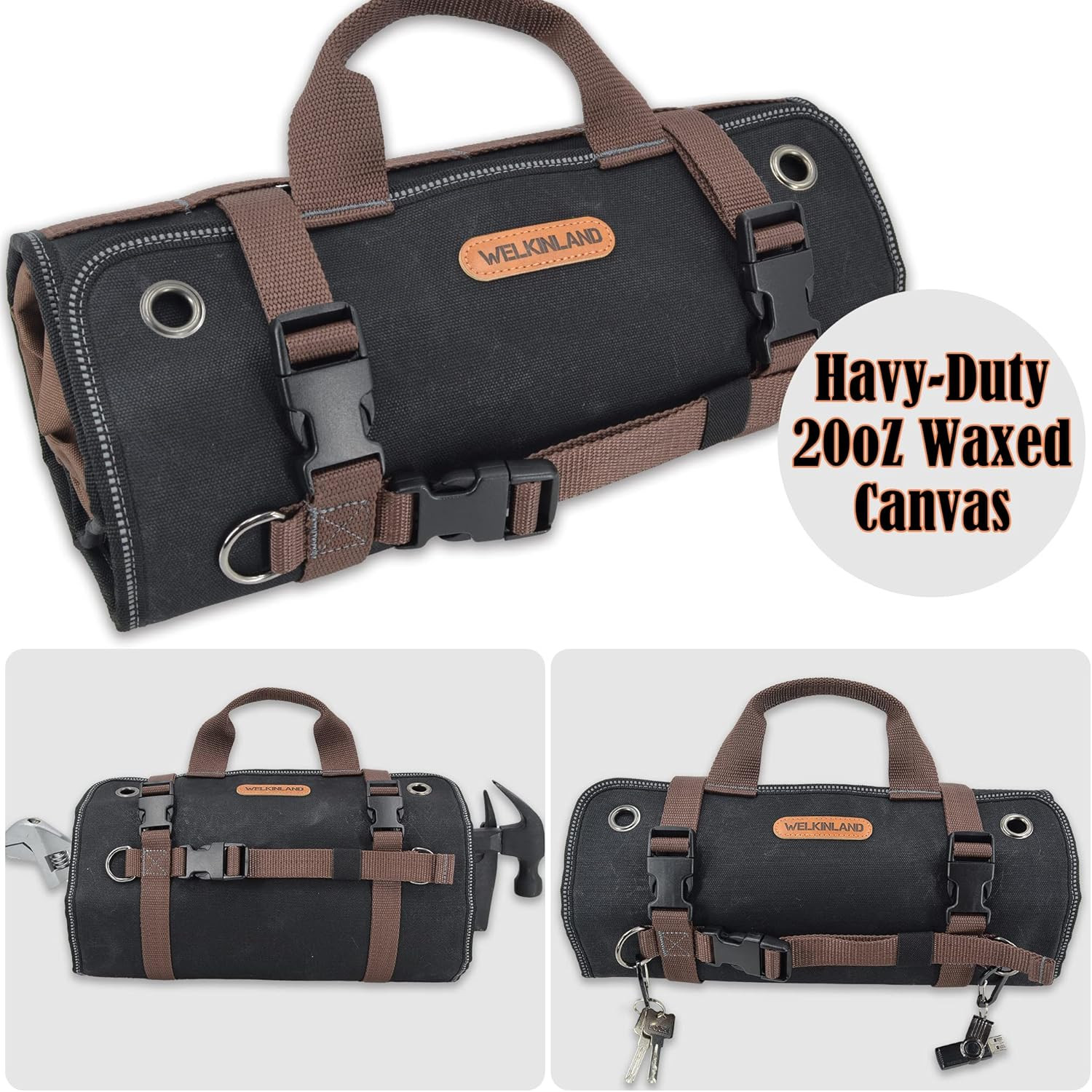 Heavy-Duty Waxed Canvas Tool Roll, 15-Pockets Tool Wrap Roll, 15L Tool up Roll B